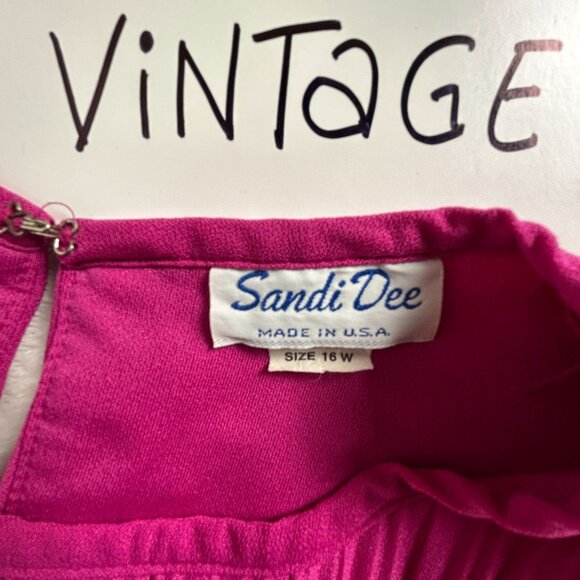 Vintage Sandi Dee Fuchsia Pink Puff Sleeve Pleated Dress with Lace Trim Size 16W - Picture 3 of 8